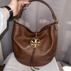 Tory Burch Metal Miller Slouchy Hobo Leather Shoulder Crossbody Bag Purse Brown
